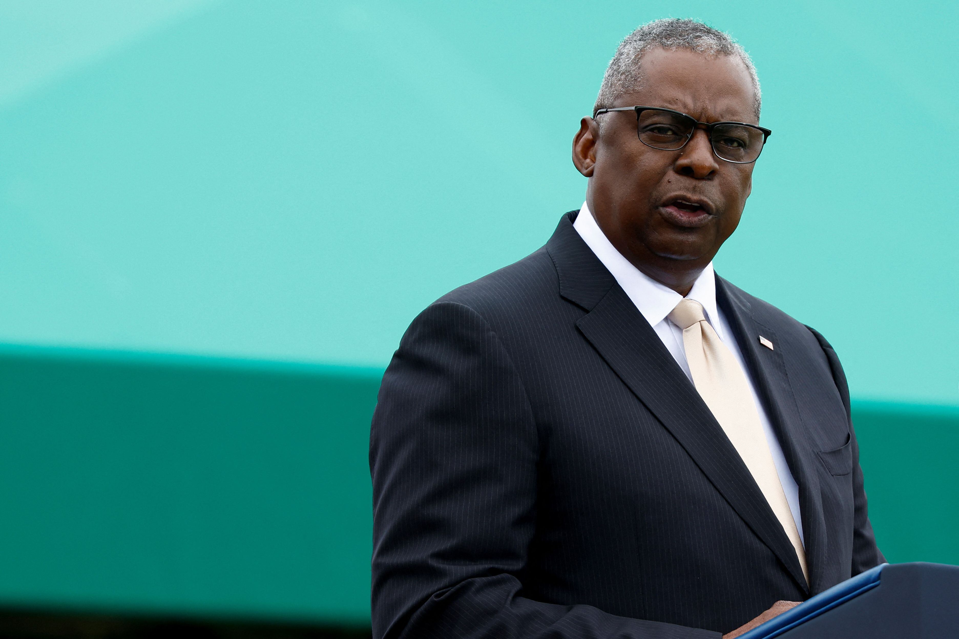 U.S. Secretary of Defense Lloyd Austin speaks on the day of the Armed Forces Farewell Tribute in honor of General Mark A. Milley, 20th Chairman of the Joint Chiefs of Staff and an Armed Forces Hail in honor of General Charles Q. Brown, Jr., the 21st Chairman of the Joint Chiefs of Staff at Summerall Field at Joint Base Myer-Henderson Hall, Arlington, Virginia, U.S., September 29, 2023. REUTERS/Evelyn Hockstein