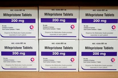 Boxes of mifepristone at a health center in Alabama, in 2022. 