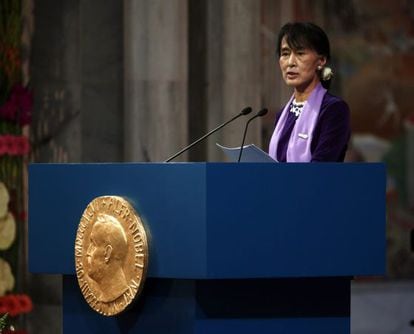 Aung San Suu Kyi, durante su discurso de aceptación del Nobel de la Paz.