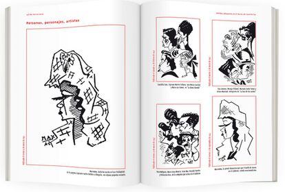 Doble página del libro de dibujos de Delibes, con algunas de sus caricaturas.