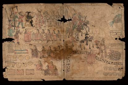 El Fragmento de Texas, que data entre 1530 y 1540, en el que se puede ver a Malintzin (o la Malinche) recibiendo a cinco princesas tlaxcaltecas.