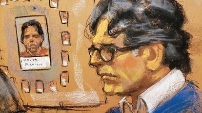 Un boceto de Keith Raniere, fundador de NXIVM, en su juicio en Nueva York.