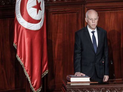 El presidente tunecino, Kais Said, en su juramento en el parlamento en octubre de 2019.