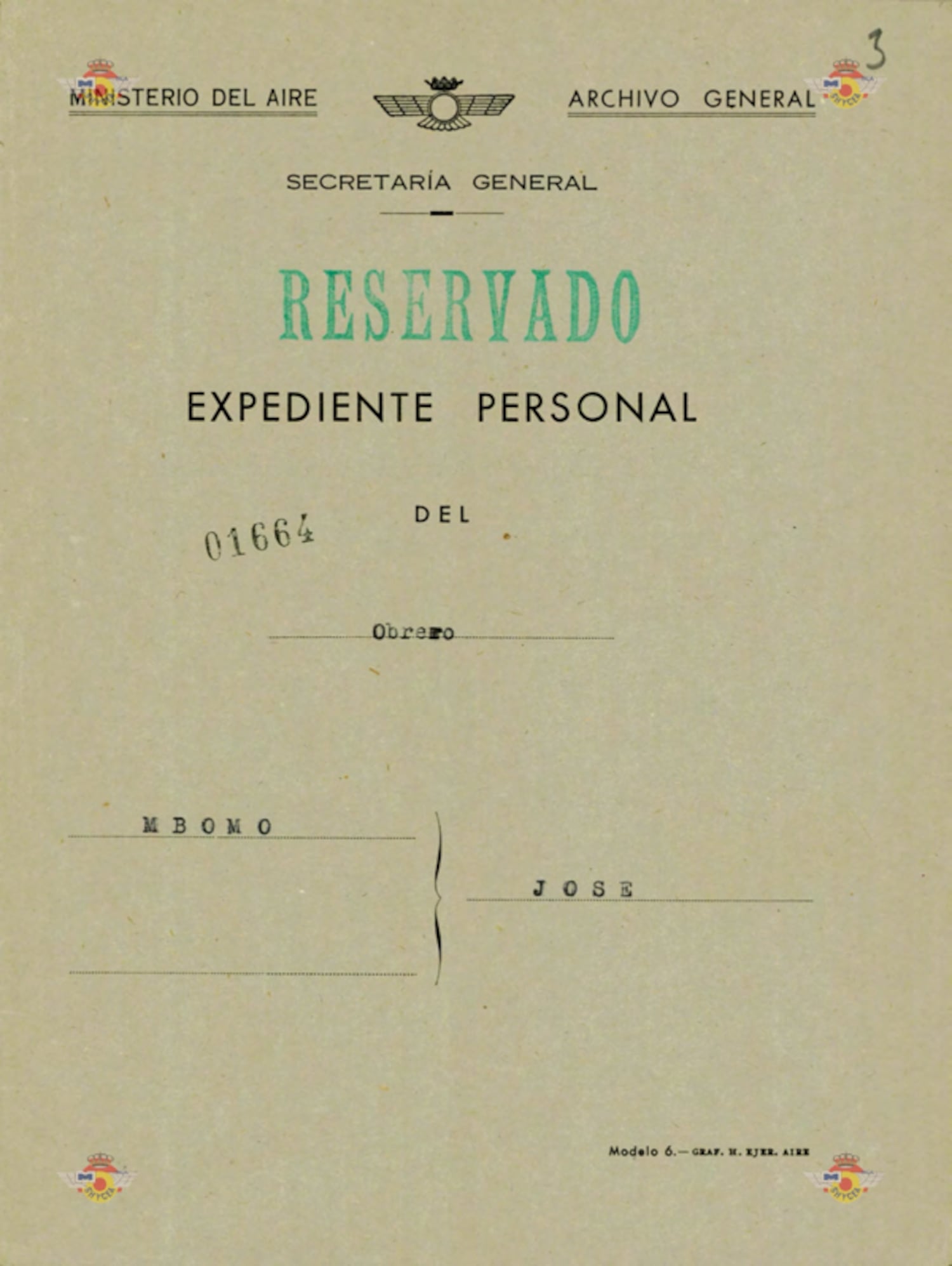 Portada del expediente de información sobre José Mbomo iniciado en 1956 por la dictadura.