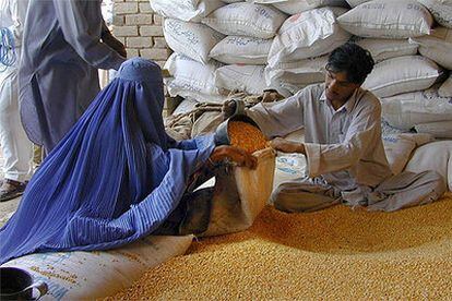 Refugiados afganos reciben raciones de cereales gracias al Programa de Alimentación Mundial de la ONU.