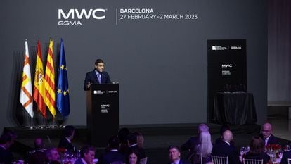 Intervención del presidente del Gobierno, Pedro Sánchez, durante la cena oficial del  Mobile Wolrd Congress (MWC), donde anunció el proyecto de modelo fundacional de IA en español y lenguas cooficiales.