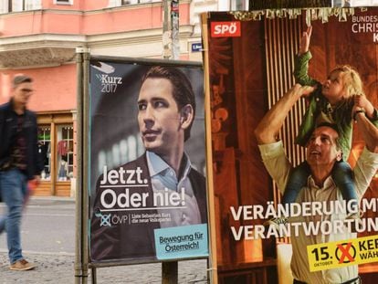 Carteles electorales en Viena del candidato conservador, Sebastian Kurz (izquierda) y del socialdem&oacute;crata, Christian Kern. 