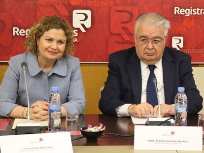 El presidente del Tribunal Constitucional, Juan Jos&eacute; Gonz&aacute;lez Rivas, posa con la decana del Colegio de Registradores, Mar&iacute;a Emilia Ad&aacute;n, en un acto reciente.