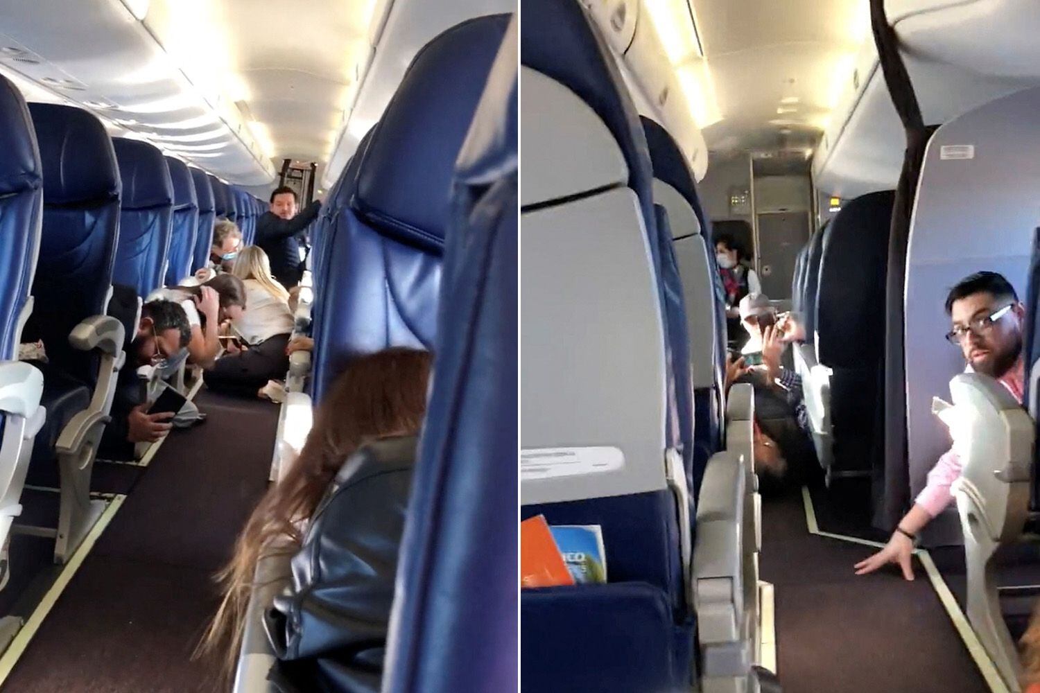 Dos imágenes de las escenas caóticas al interior del vuelo 165 de Aeroméxico que despegaba hacia Ciudad de México cuando recibió tiros.