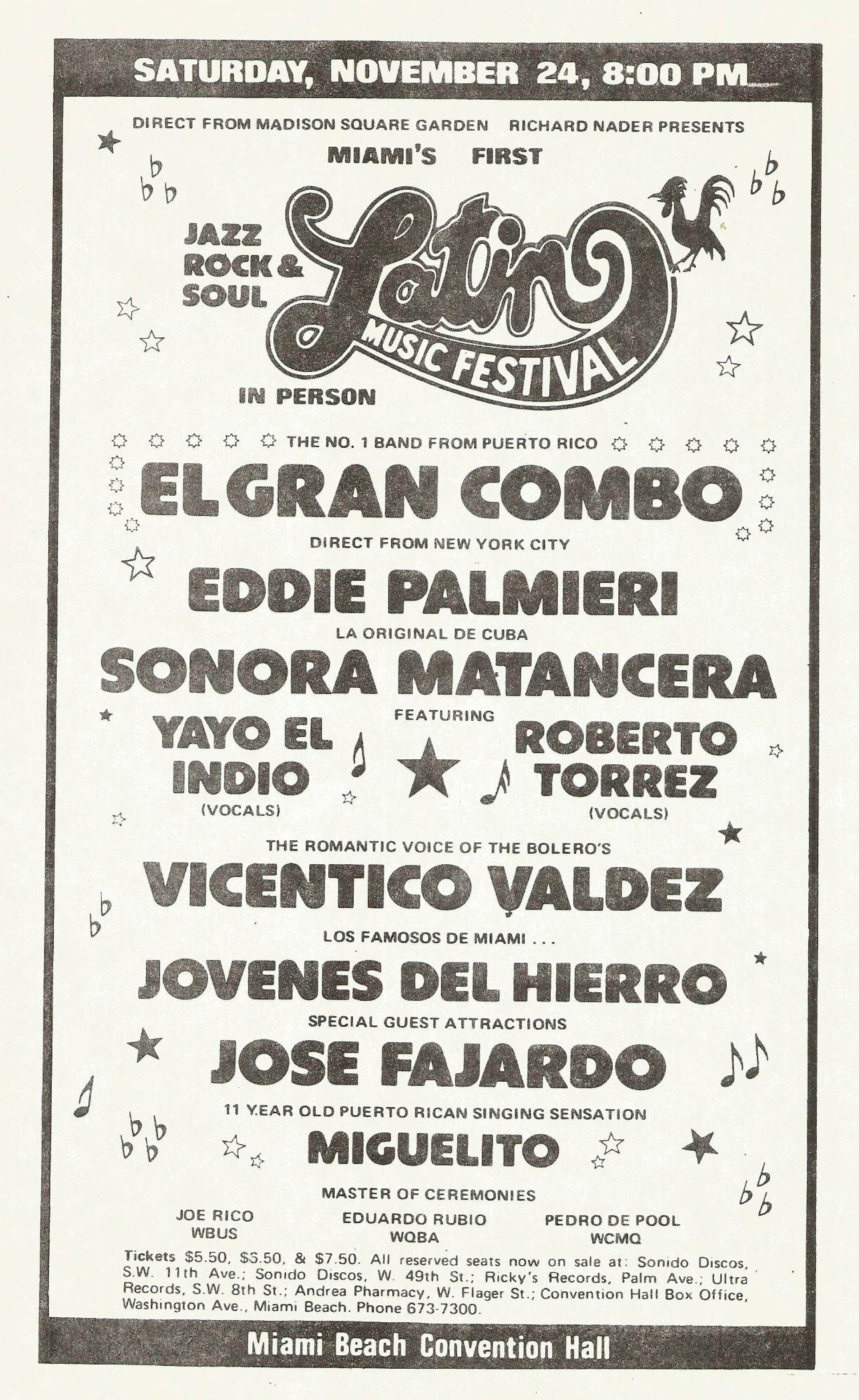Cartel del Latin Music Festival de Miami (1972), donde actuó Miguelito junto a Eddie Palmieri y El Gran Combo.