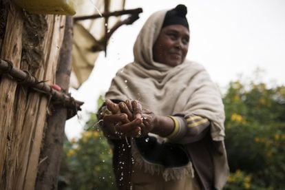 Lomi Dechasa, madre de la aldea de Germama, se lava las manos en su casa de Germama, Etiopía.