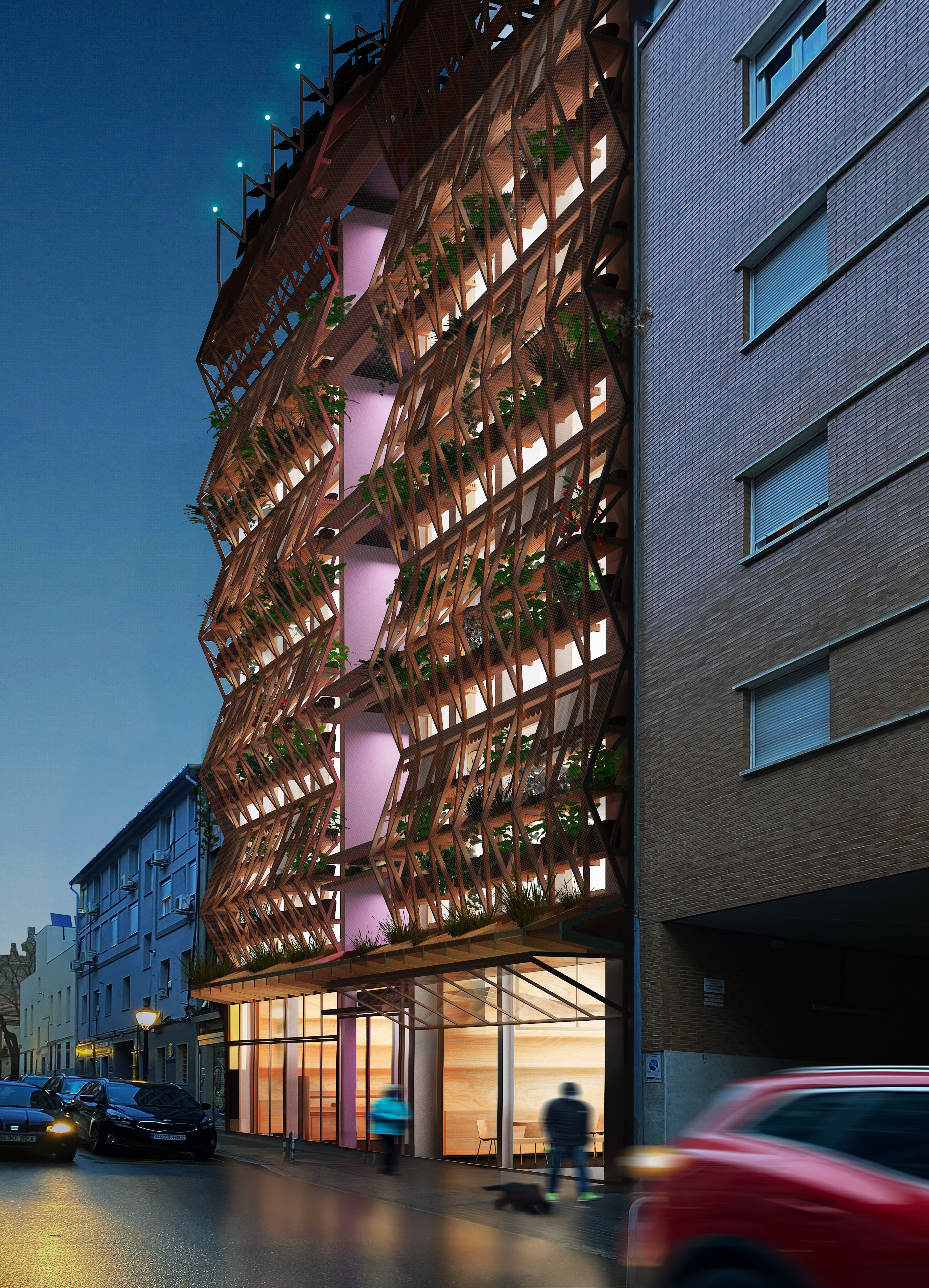 Fachada de El 17, el proyecto español que se construye en Madrid y conquistó en Premio de Oro europeo firmado por los estudios Husos, Elii y Ultrazul.