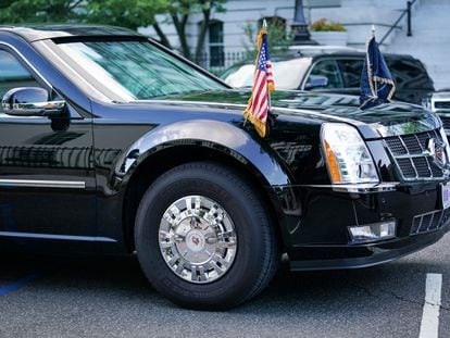 A Goodyear tire is seen on U.S. President Donald Trump's presidential limousine, known as the Beast, that is parked outside of the West Wing of the White House in Washington, D.C., U.S., August 20, 2020. REUTERS/Sarah Silbiger