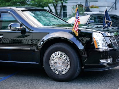 A Goodyear tire is seen on U.S. President Donald Trump's presidential limousine, known as the Beast, that is parked outside of the West Wing of the White House in Washington, D.C., U.S., August 20, 2020. REUTERS/Sarah Silbiger