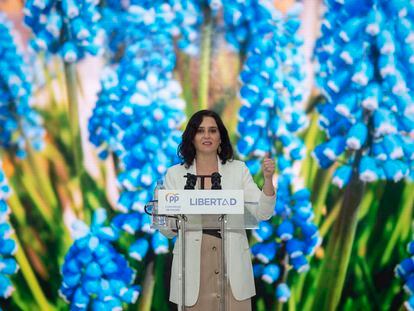 La presidenta de la Comunidad de Madrid y candidata a la reelección, Isabel Díaz Ayuso, durante un acto de campaña.