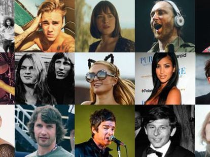 Gente que la montó en Ibiza (de arriba a abajo, izquierda a derecha): Jimi Hendrix, Justin Bieber, Dakota Johnson, David Guetta, Puff Daddy, Fortu (Obús), Pink Floyd, Paris Hilton, Kim Kardashian, Orlando Bloom, Kate Moss, James Blunt, Noel Gallagher, Roman Polanski y Nico.