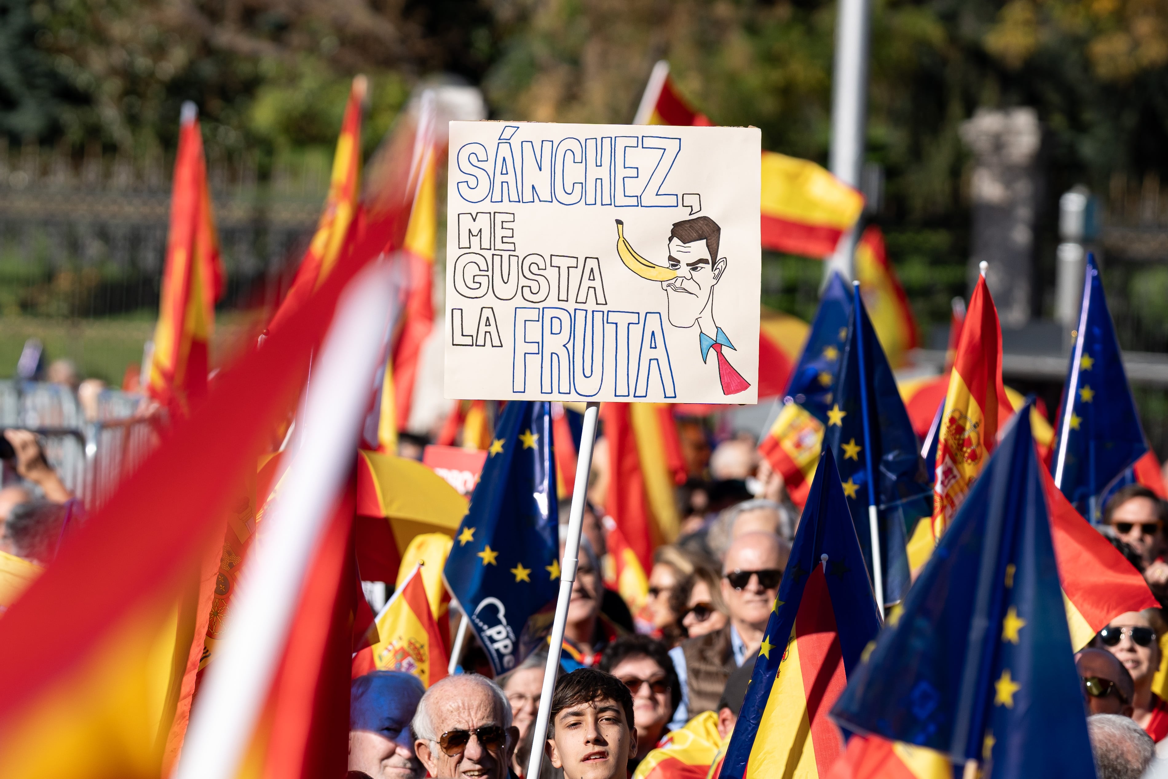 Un cartel de protesta durante una manifestación contra la amnistía, en Cibeles, a 18 de noviembre de 2023, en Madrid (España). Diferentes asociaciones, entre las que se encuentran Foro España Cívica, Unión 78, Pie en Pared o NEOS, han convocado esta concentración, respaldada por el Partido Popular y Vox, como protesta contra la amnistía acordada por el PSOE y Junts. La protesta tiene lugar tras el debate de investidura celebrado en el Congreso los días 15 y 16 de noviembre, en el que se nombró a Pedro Sánchez presidente del Gobierno con los apoyos de Sumar, ERC, Junts, EH Bildu, PNV, BNG y Coalición Canaria.
18 NOVIEMBRE 2023;CONCENTRACIÓN;AMNISTÍA;PP;VOX;ACUERDO;INVESTIDURA
Diego Radamés / Europa Press
18/11/2023