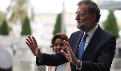 Mariano Rajoy en Barcelona antes de reunirse con el PP de Catalu&ntilde;a.