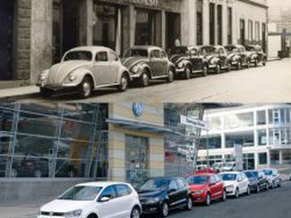 Imagen de los primeros escarabajos llegados a Canarias (arriba) frente al primer concesionario de Domingo Alonso y flota actual de Volkswagen ante un concesionario de Domingo Alonso en Las Palmas de Gran Canaria. 