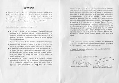 Acuerdo firmado por Carmen Cervera y el ministro Rodríguez Uribes sobre el alquiler de la colección de la primera.
