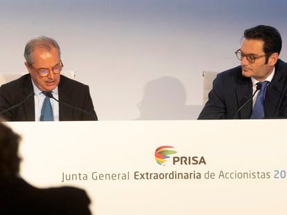 Pablo Jiménez de Parga (izquierda) y Joseph Oughourlian, durante la Junta General Extraordinaria de Accionistas 2022 este miércoles.