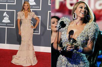 Beyoncé (vestida  de Stéphane Rolland) a la llegada a la gala. Y, arriba, la cantante recogiendo un premio con un diseño de Armani