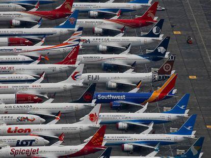 Decenas de aviones 737 MAX aparcados en el área que Boeing tiene en el aeropuerto Grant County de Moses Lake (Washington).