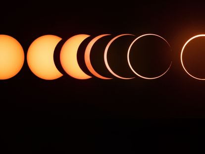 Secuencia de las fases del eclipse solar anular de 2019, desde el comienzo del fenómeno hasta la aparición del 'anillo de fuego'.