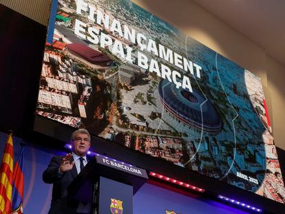 El presidente del Barcelona, Joan Laporta, este jueves en su comparecencia para detallar la financiación para ejecutar las obras del Espai Barça.