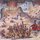 MEXICO - NOVEMBER 19: Cortes Pass: Meeting between the tribes of Tlaxcala and the army of Hernan Cortes between the Popocatepetl and Iztaccihuatl Volcanos, Mexico 16th Century, engraving 17th Century. (Photo by DeAgostini/Getty Images)