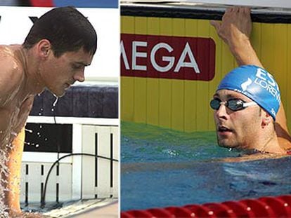 Alexander Popov, saliendo del agua, y Eduard Lorente, aún en ella, nada más terminar sus respectivas semifinales de los 50 metros libres.