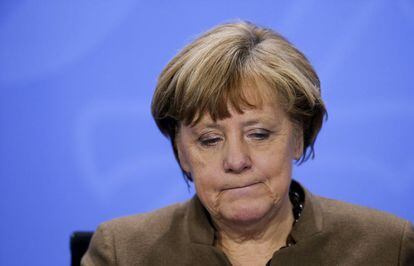 La canciller Angela Merkel, tras reunirse con los líderes de los Estados alemanes para hablar de la crisis migratoria, el pasado jueves en Berlín.