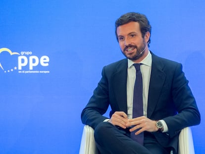 El presidente del PP, Pablo Casado, durante la clausura del acto 'Europa: retos de la nueva era', este lunes.