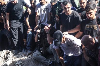 Dozens of Palestinians gather during the funeral of Jihad Maharaj Ibrahim Shehadeh, 22, Izz al-Din Raed Hussein Awad, 25, Qasim Muhammad Rajab, 20, and Moamen Saed Mahmoud Balawi, 20, killed by the Israeli army. 