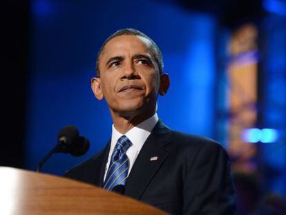 El presidente estadounidense, Barack Obama, en una pausa de su discurso ante la convenci&oacute;n dem&oacute;crata.