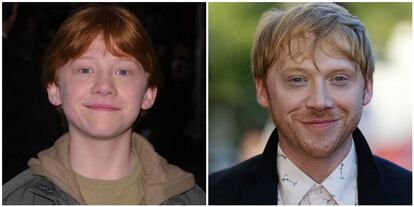 Rupert Grint, la tercera pota del trio protagonista, en una imatge dels primers lliuraments de la saga i en l'actualitat.