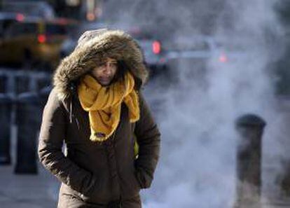 Una mujer fue registrada este martes al protegerse del frío en Nueva York (EE.UU.), hoy, martes 7 de enero de 2014. El miércoles amaneció con cielo despejado en la mayor parte de los treinta y dos estados que ayer tuvieron avisos oficiales de emergencia por las bajas temperaturas.