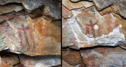 Imágenes facilitadas por Benito Navarrete del antes y el después del estado de la pintura rupestre encontrada hace 41 años en la cueva de Los Escolares de Santa Elena (Jaén).