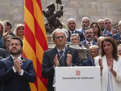 El presidente Quim Torra en el acto de este martes en la Generalitat. En vídeo, manifestación en Barcelona.