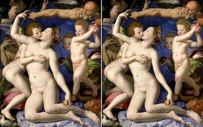 'La alegoría del triunfo de Venus', de Bronzino, junto a su imagen adelgazada, realizada por Anna Utopia Giordano