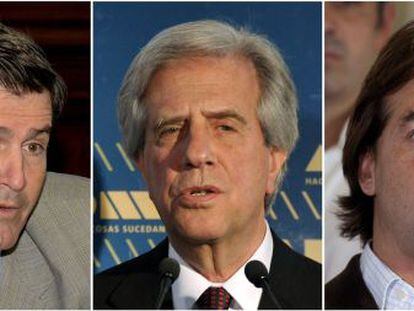 Los candidatos uruguatos: a la izquierda, Pedro Bordaberry, del Partido Colorado; Tabare Vazquez, del Frente Amplio y Luis Lacalle Pou, del Partido Nacional
