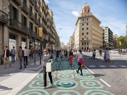 Imagen virtual de la reforma con urbanismo táctico en la calle de Pelai para ensanchar aceras.