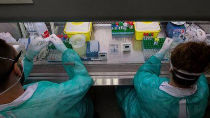 Investigadores con muestras de covid-19 en laboratorio del hospital Germans Trias i Pujol de Badalona.