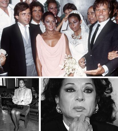 Arriba, en la boda de su hija Lolita. Debajo, durante el juicio por eludir impuestos y el día que admitió su culpa.