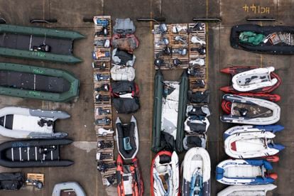 Aerial view of the boats used by migrants to cross the channel, are stored in a facility on November 26, in Dover, England. 