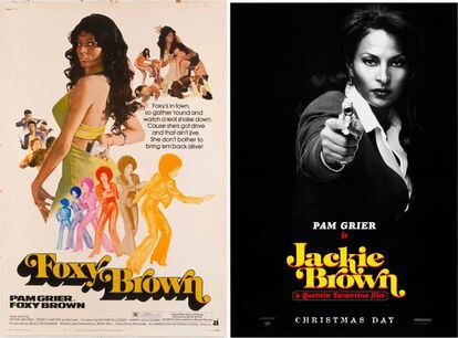 La estrella afroamericana Pam Grier en uno de sus papeles más célebres de la época, Foxy Brown. A la derecha, en la versión Tarantino (Jackie Brown). |