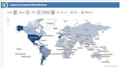 Distribución del apellido López en todo el mundo.