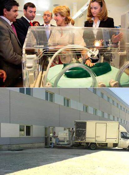 Aguirre posa ante las cámaras con una mano en una incubadora, en una imagen (arriba) tomada a mediodía. A las 13.27 (abajo) unos operarios sacan la incubadora del hospital por una puerta de servicios.