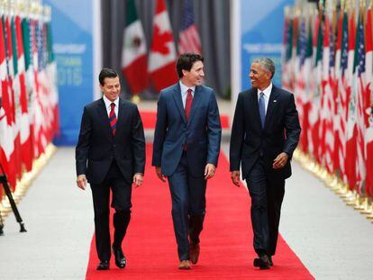 Los presidentes de M&eacute;xico, Canad&aacute; y Estados Unidos en la cumbre de NAFTA en Ottawa este mi&eacute;rcoles.