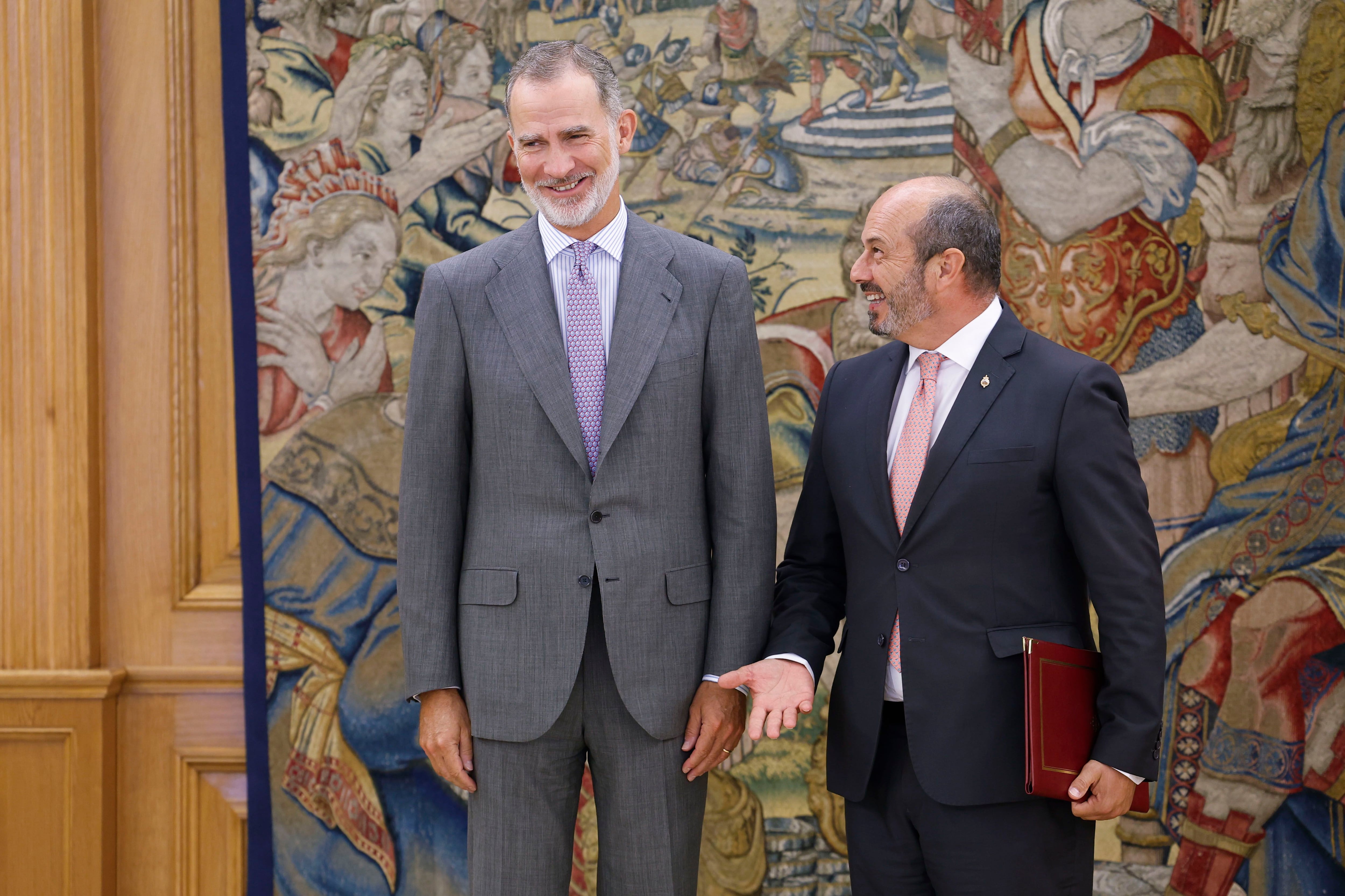El rey Felipe VI recibe en audiencia al nuevo presidente del Senado, Pedro Rollán, en el Palacio de la Zarzuela en Madrid. 